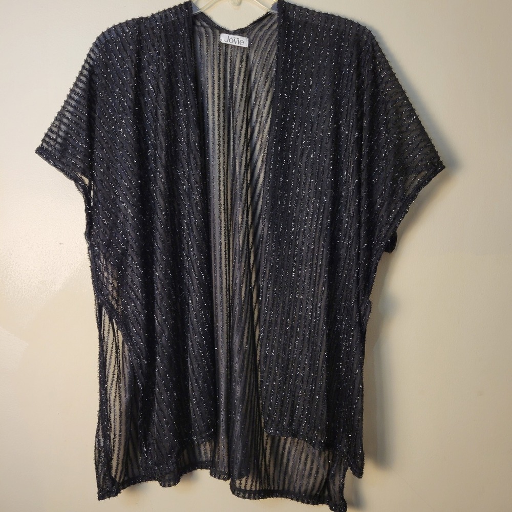 Jovie Womens Black Metallic Silver Tinsel Stripe Sheer Open Front Kimono OS